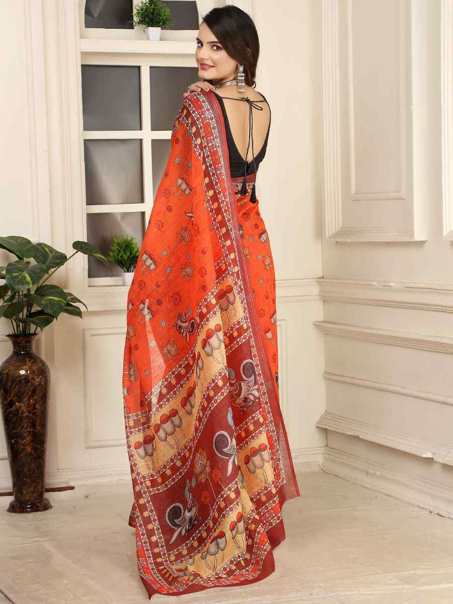 Orange Linen Cotton Printed Casual Festival Wedding Fancy Classic Style Sarees