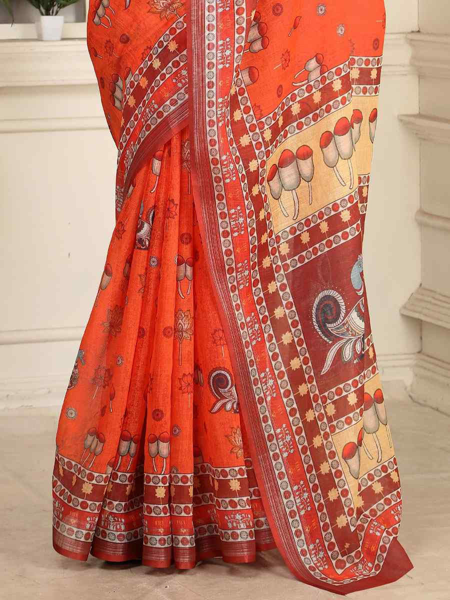 Orange Linen Cotton Printed Casual Festival Wedding Fancy Classic Style Sarees
