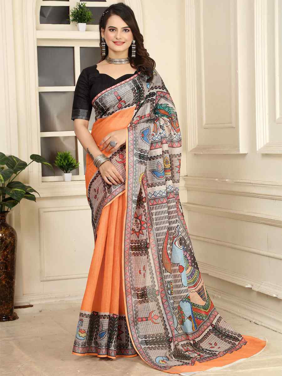 Orange Linen Cotton Printed Casual Festival Wedding Fancy Classic Style Sarees