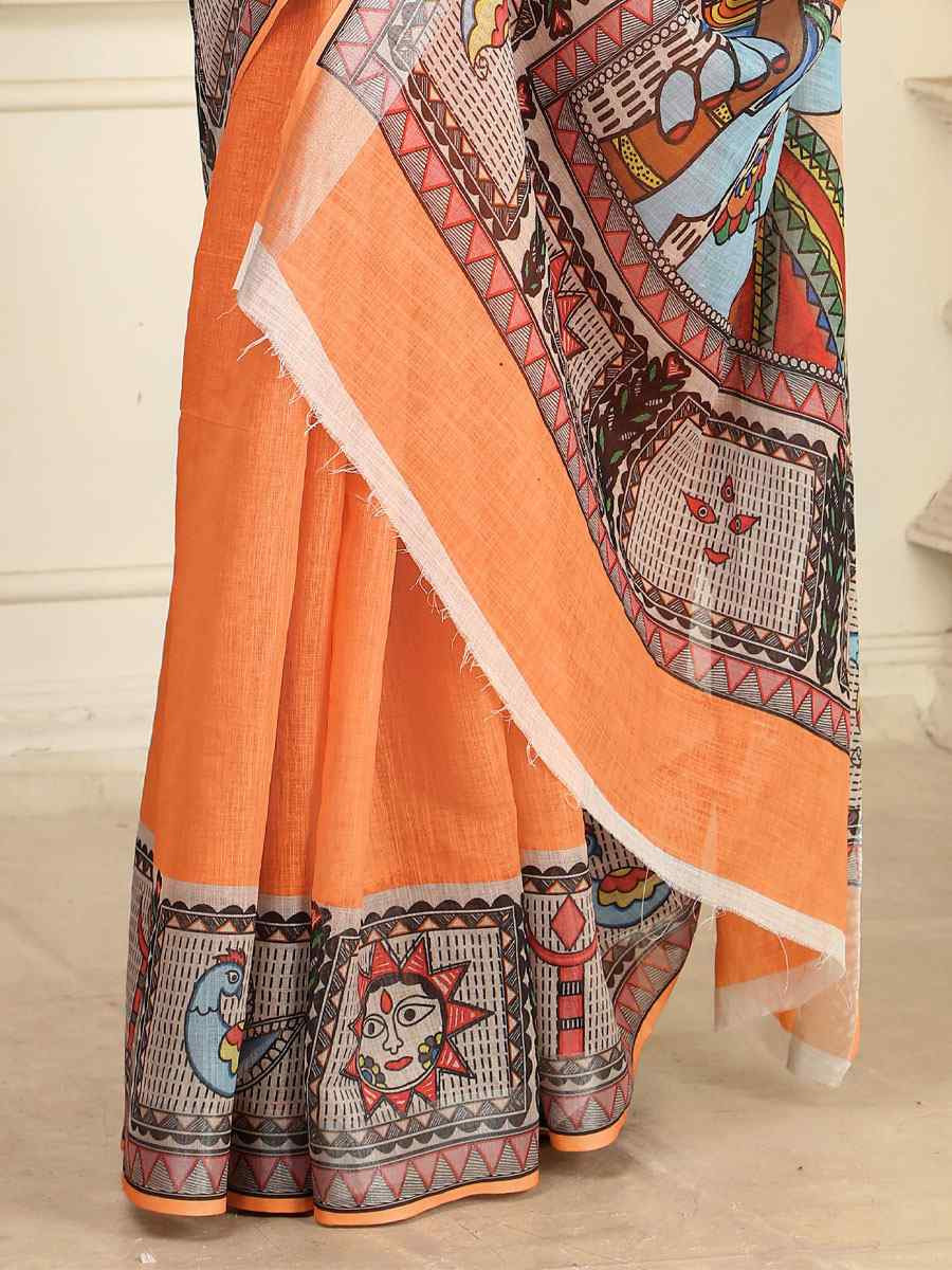 Orange Linen Cotton Printed Casual Festival Wedding Fancy Classic Style Sarees