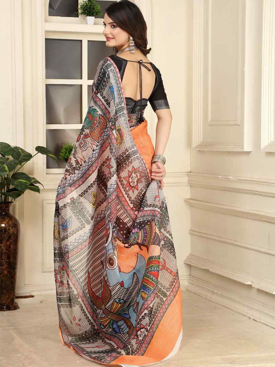 Orange Linen Cotton Printed Casual Festival Wedding Fancy Classic Style Sarees