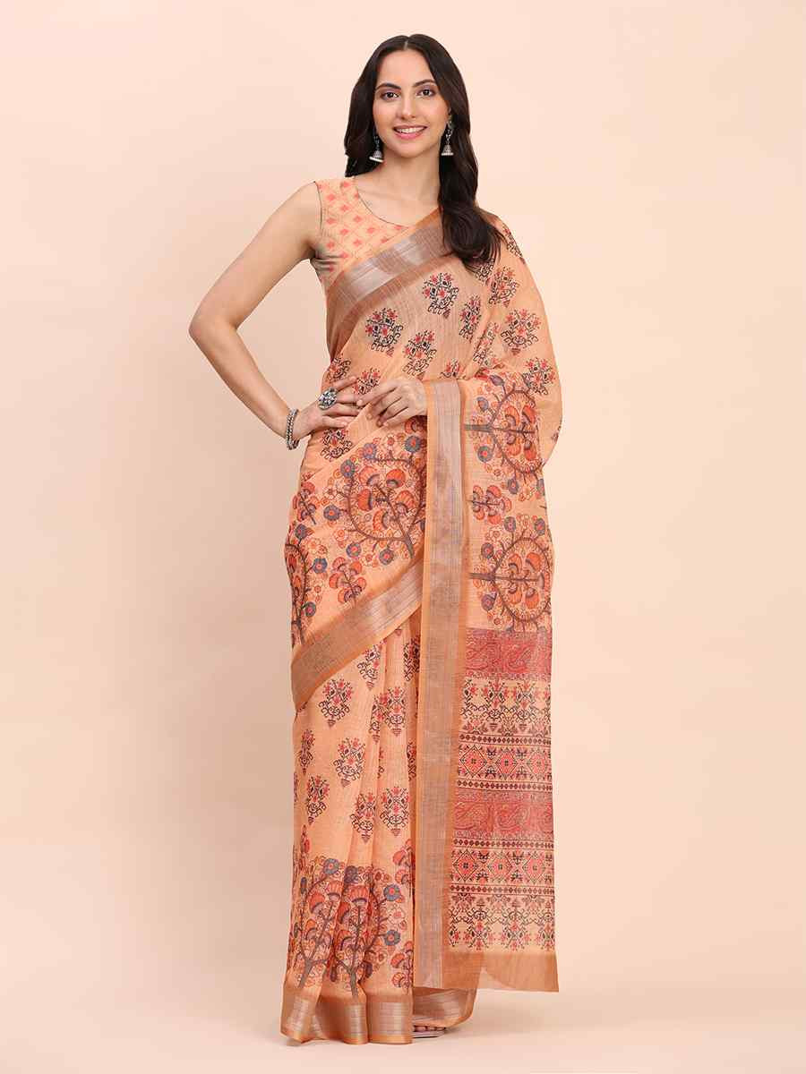 Orange Linen Cotton Printed Festival Wedding Fancy Heavy Border Saree