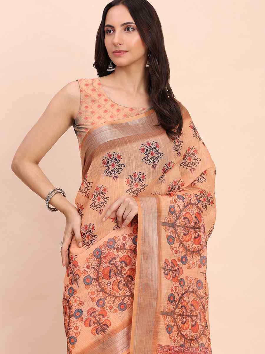 Orange Linen Cotton Printed Festival Wedding Fancy Heavy Border Saree