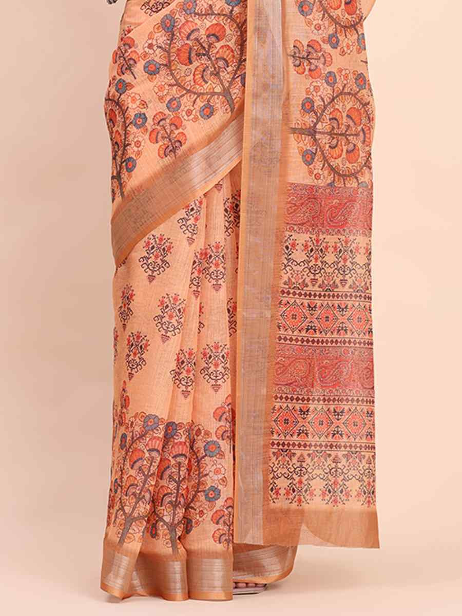 Orange Linen Cotton Printed Festival Wedding Fancy Heavy Border Saree