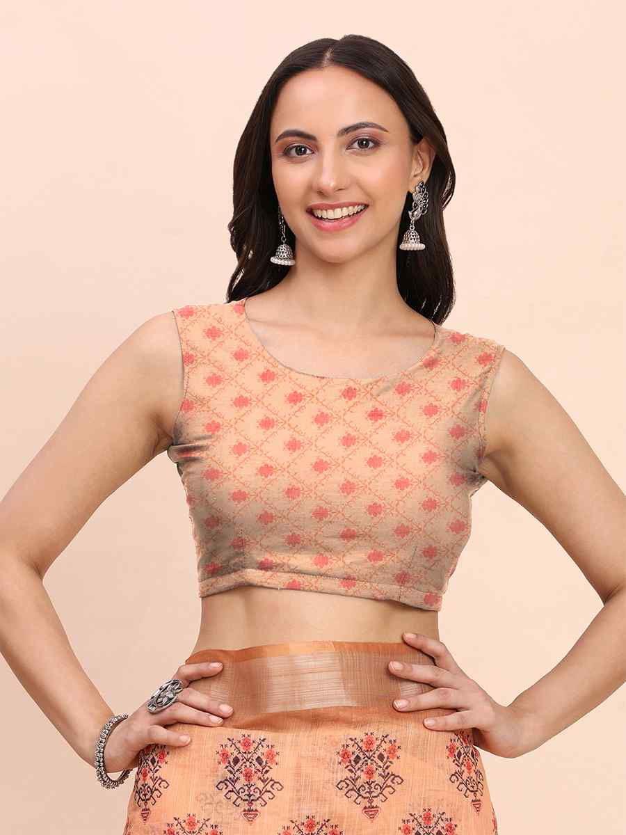 Orange Linen Cotton Printed Festival Wedding Fancy Heavy Border Saree