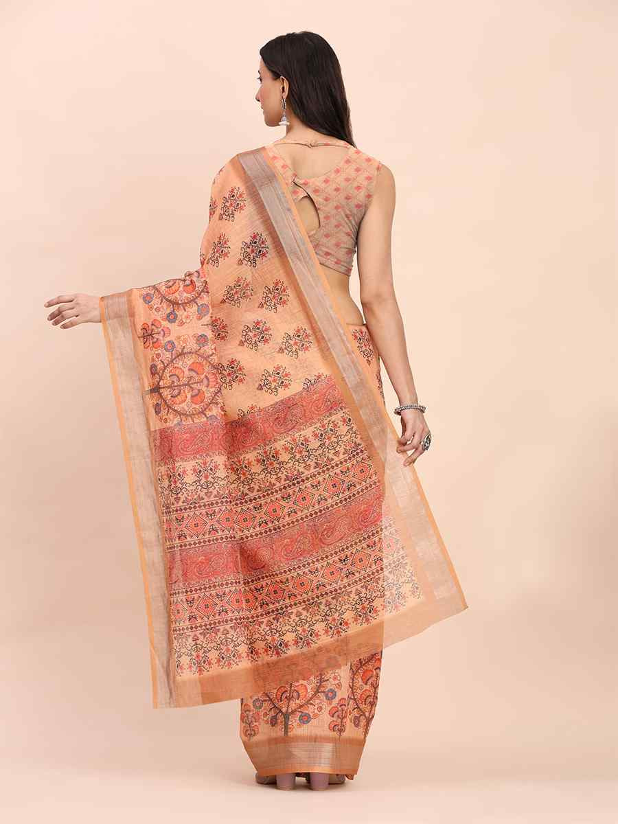 Orange Linen Cotton Printed Festival Wedding Fancy Heavy Border Saree