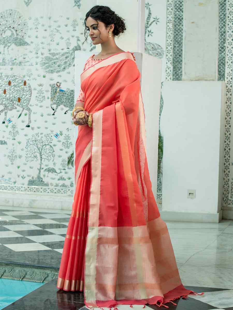 Orange Linen Handwoven Casual Festival Classic Style Saree