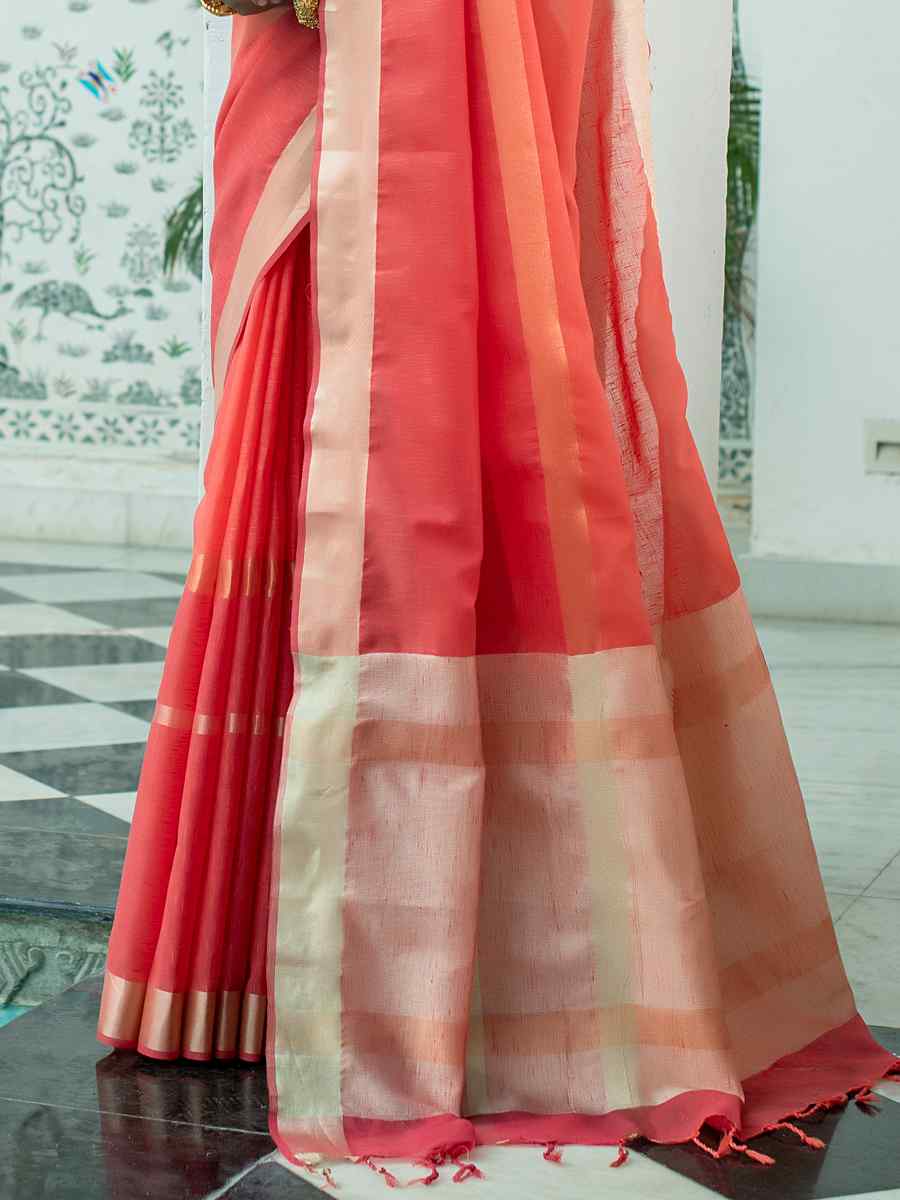 Orange Linen Handwoven Casual Festival Classic Style Saree