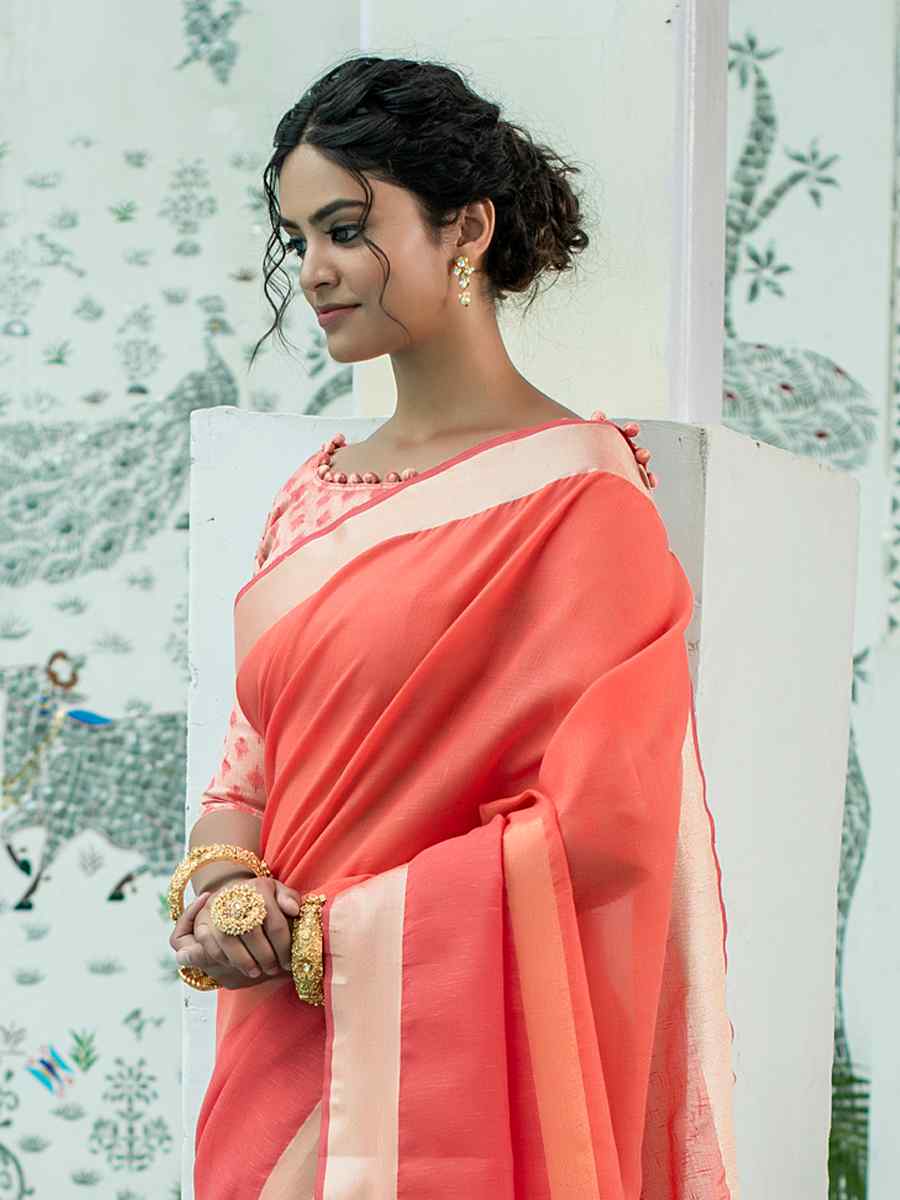 Orange Linen Handwoven Casual Festival Classic Style Saree