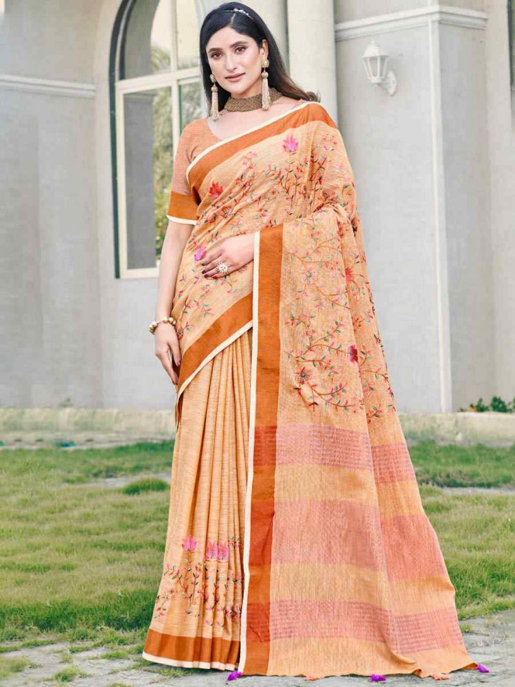 Orange Linen Handwoven Casual Festival Heavy Border Saree