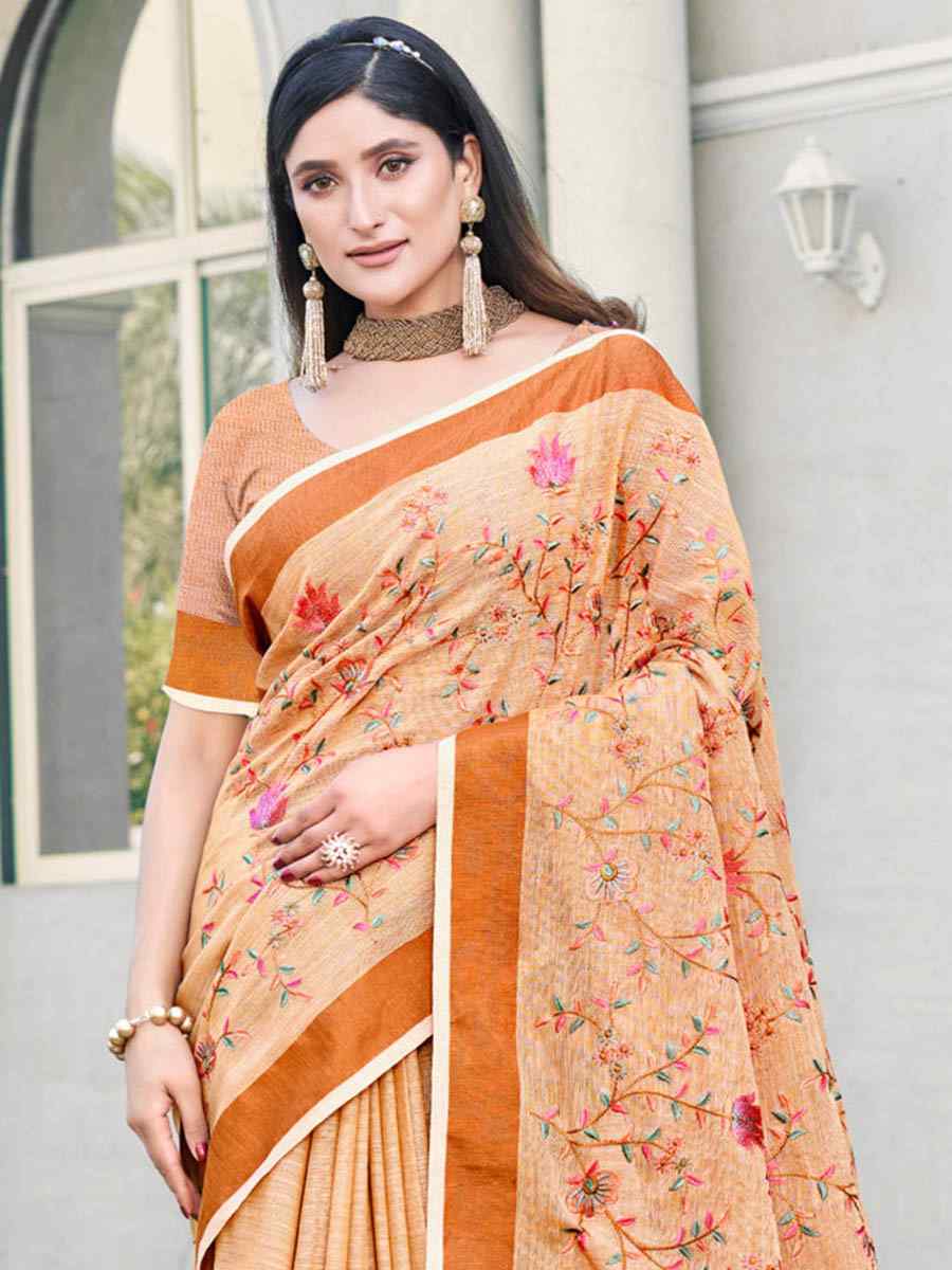 Orange Linen Handwoven Casual Festival Heavy Border Saree