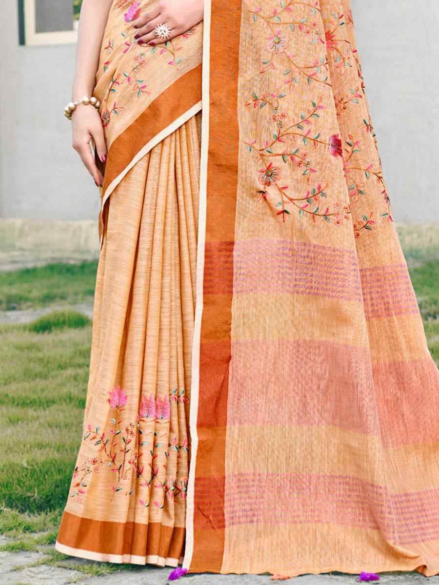 Orange Linen Handwoven Casual Festival Heavy Border Saree