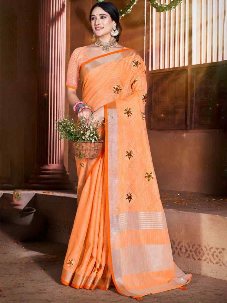 Orange Linen Handwoven Casual Festival Heavy Border Saree