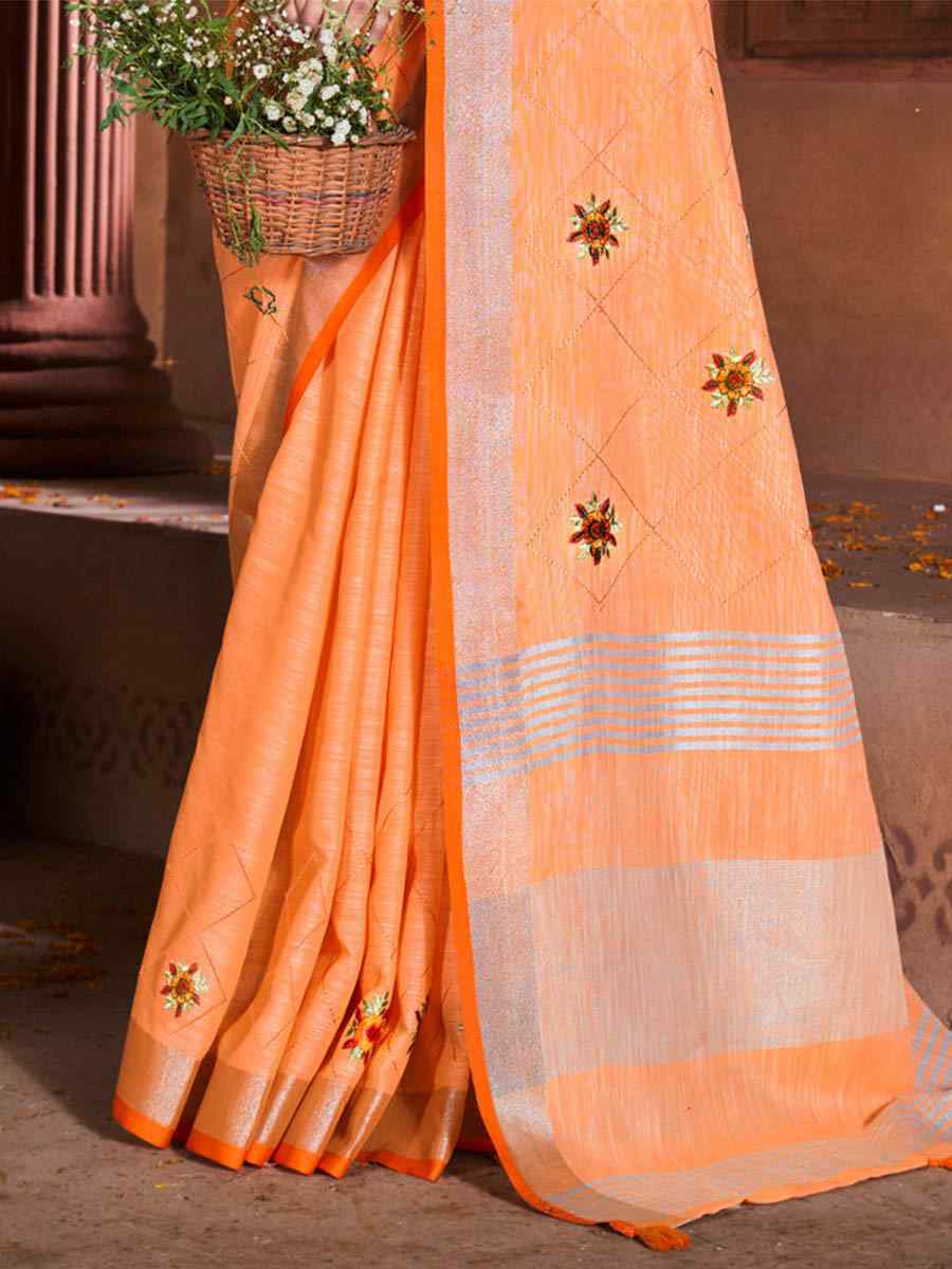 Orange Linen Handwoven Casual Festival Heavy Border Saree