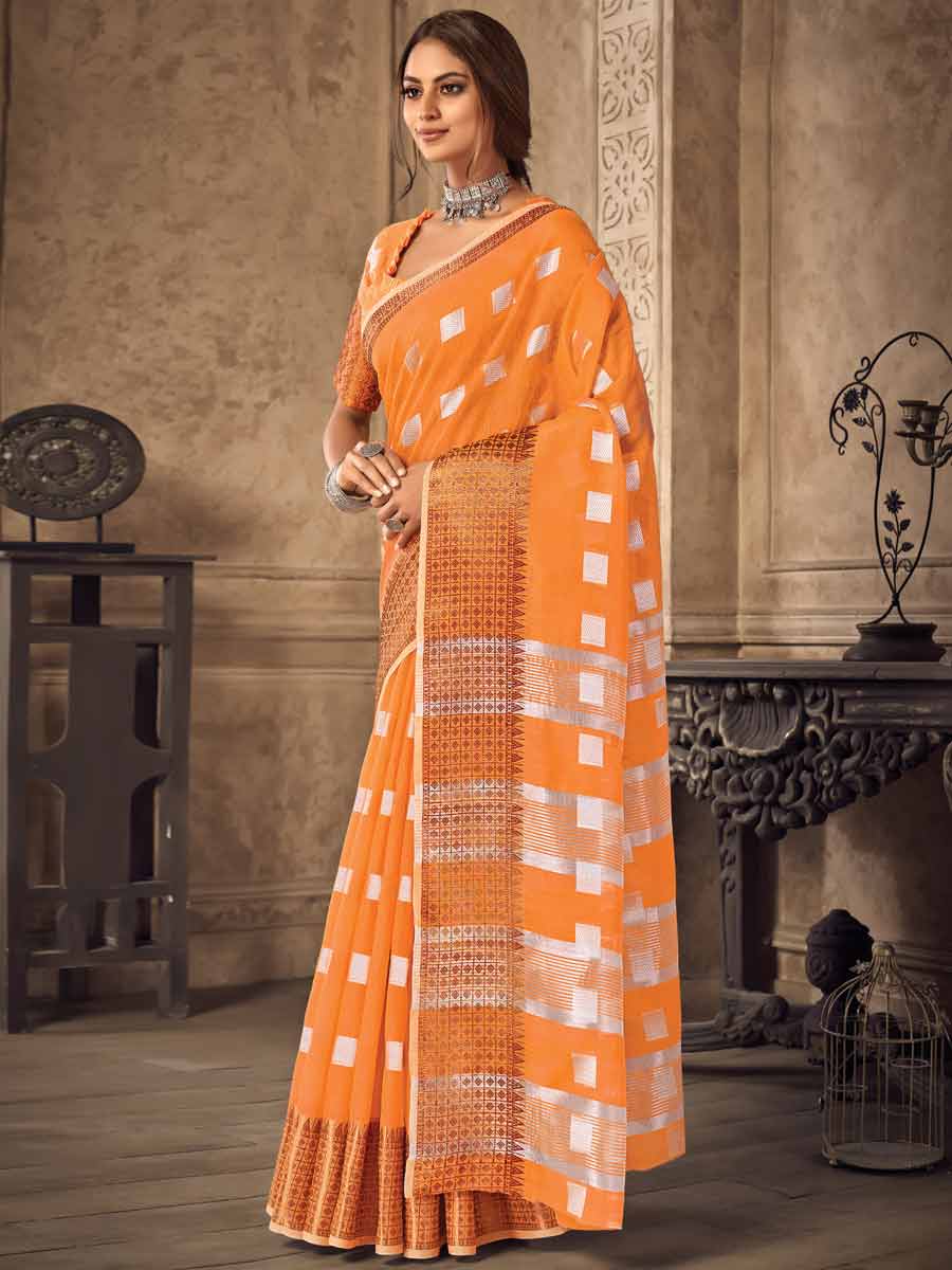 Orange Linen Handwoven Festival Saree