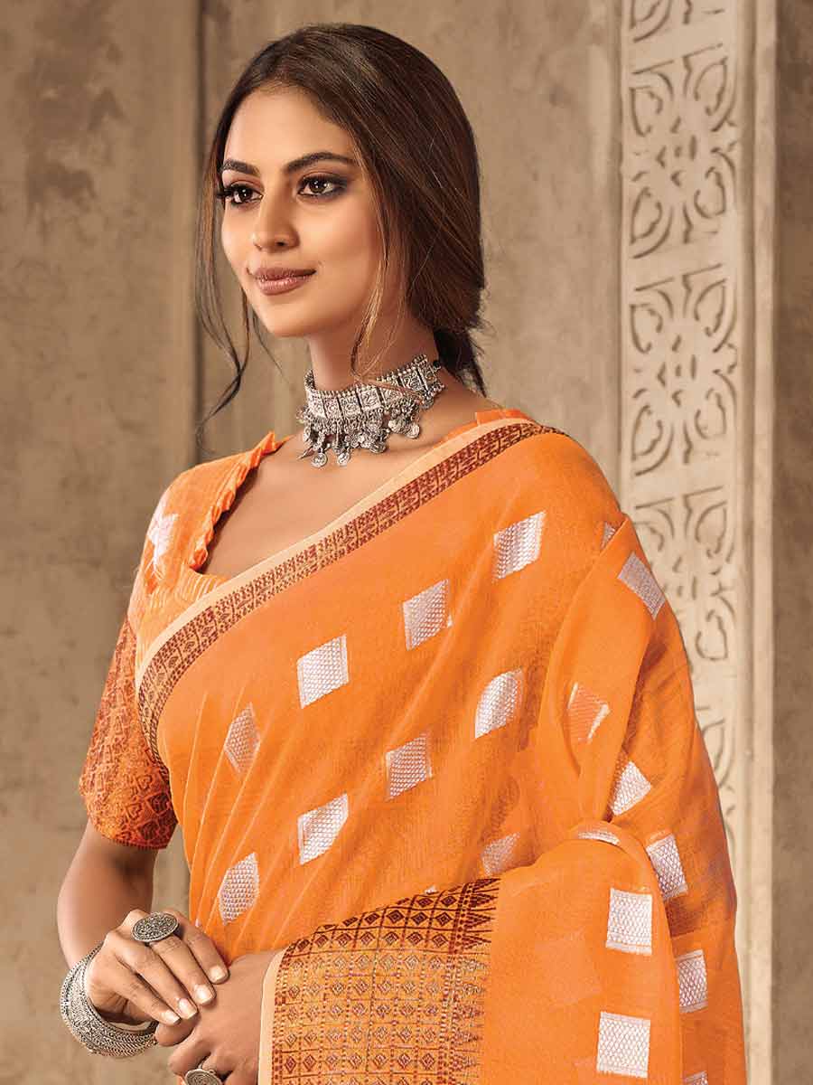 Orange Linen Handwoven Festival Saree