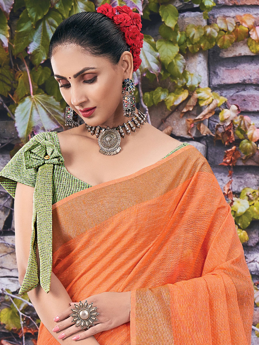 Orange Linen Plain Festival Saree