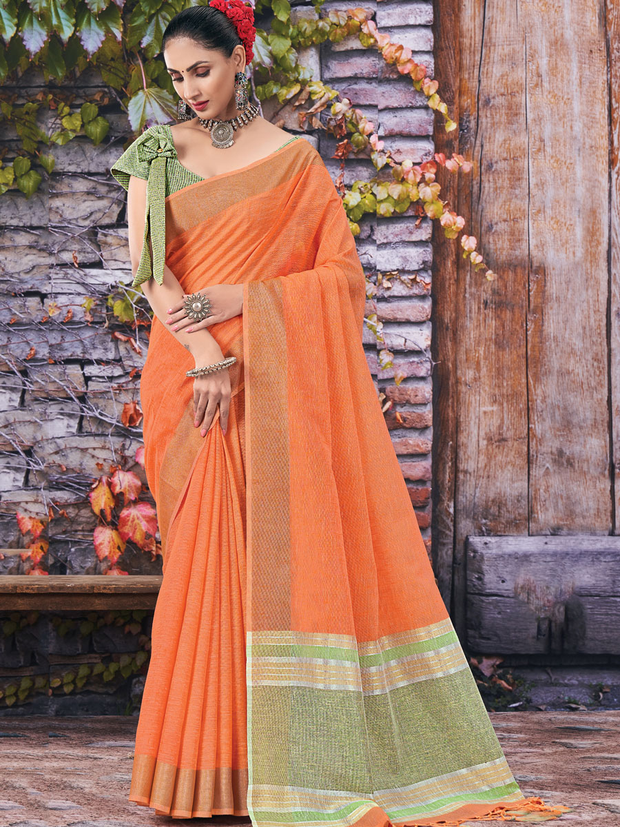 Orange Linen Plain Festival Saree
