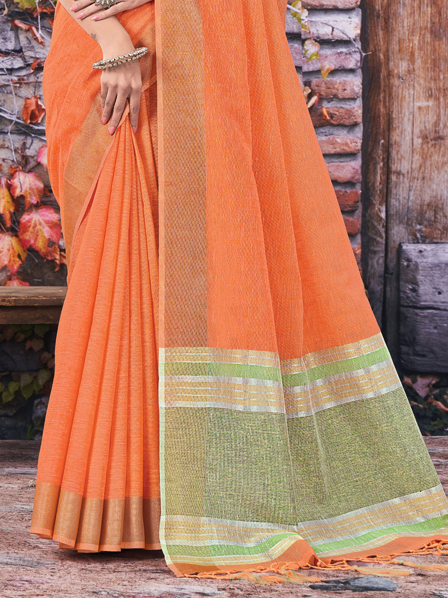 Orange Linen Plain Festival Saree