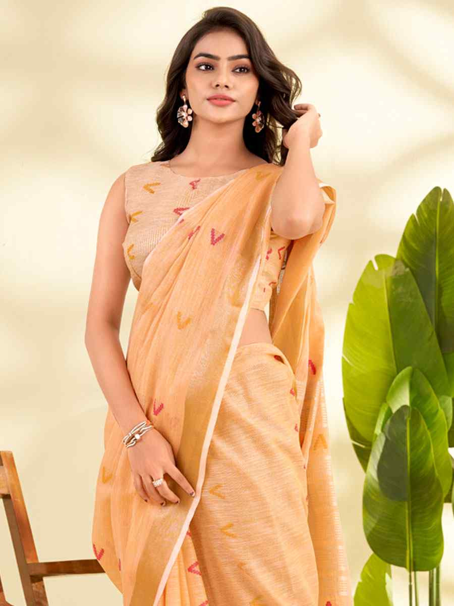 Orange Linen Silk With Zari Border Printed Casual Festival Classic Style Sarees