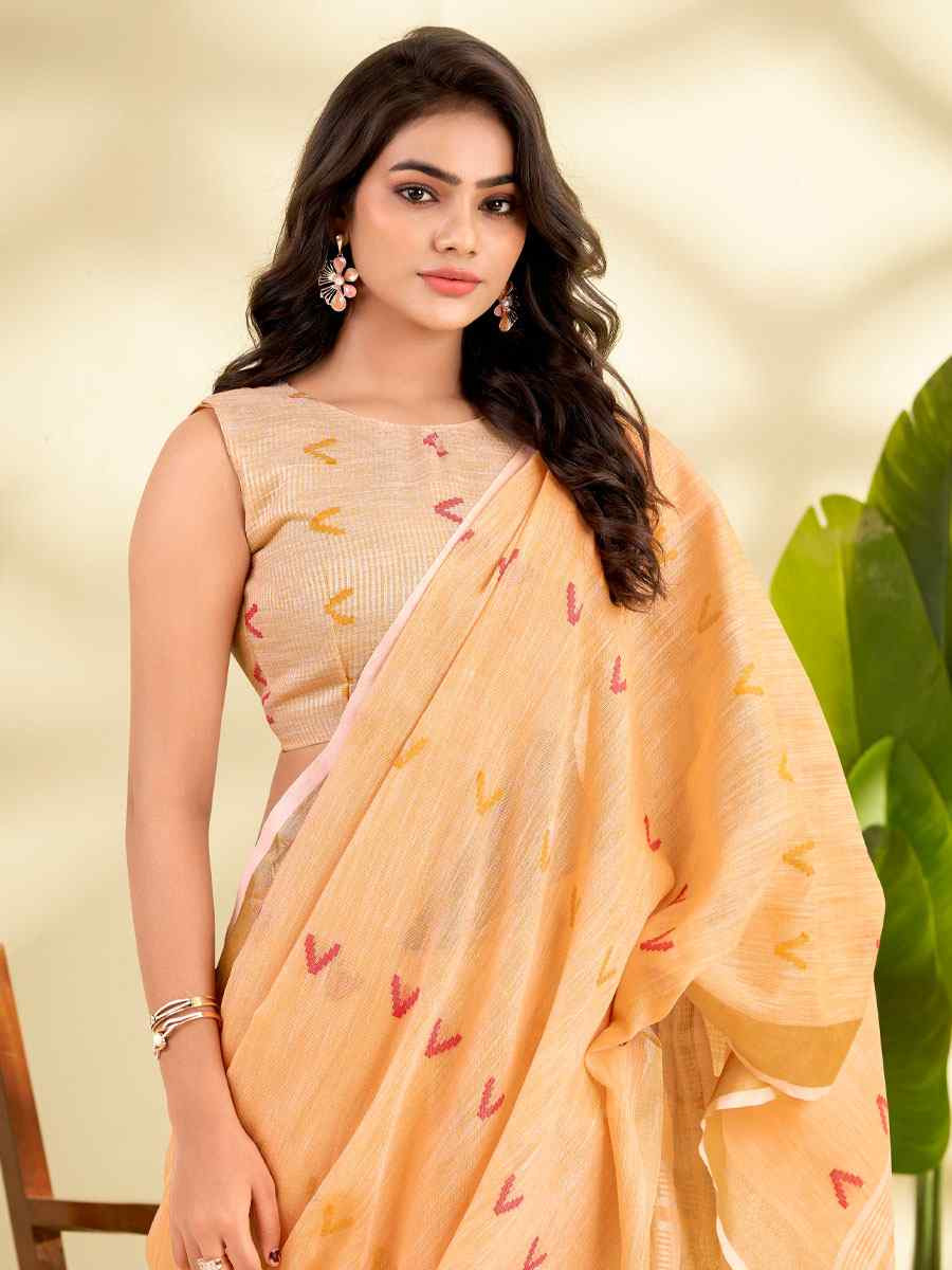 Orange Linen Silk With Zari Border Printed Casual Festival Classic Style Sarees
