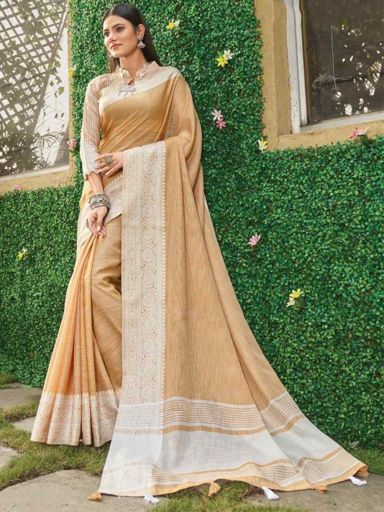 Orange Linen Zari Wedding Festival Classic Style Saree