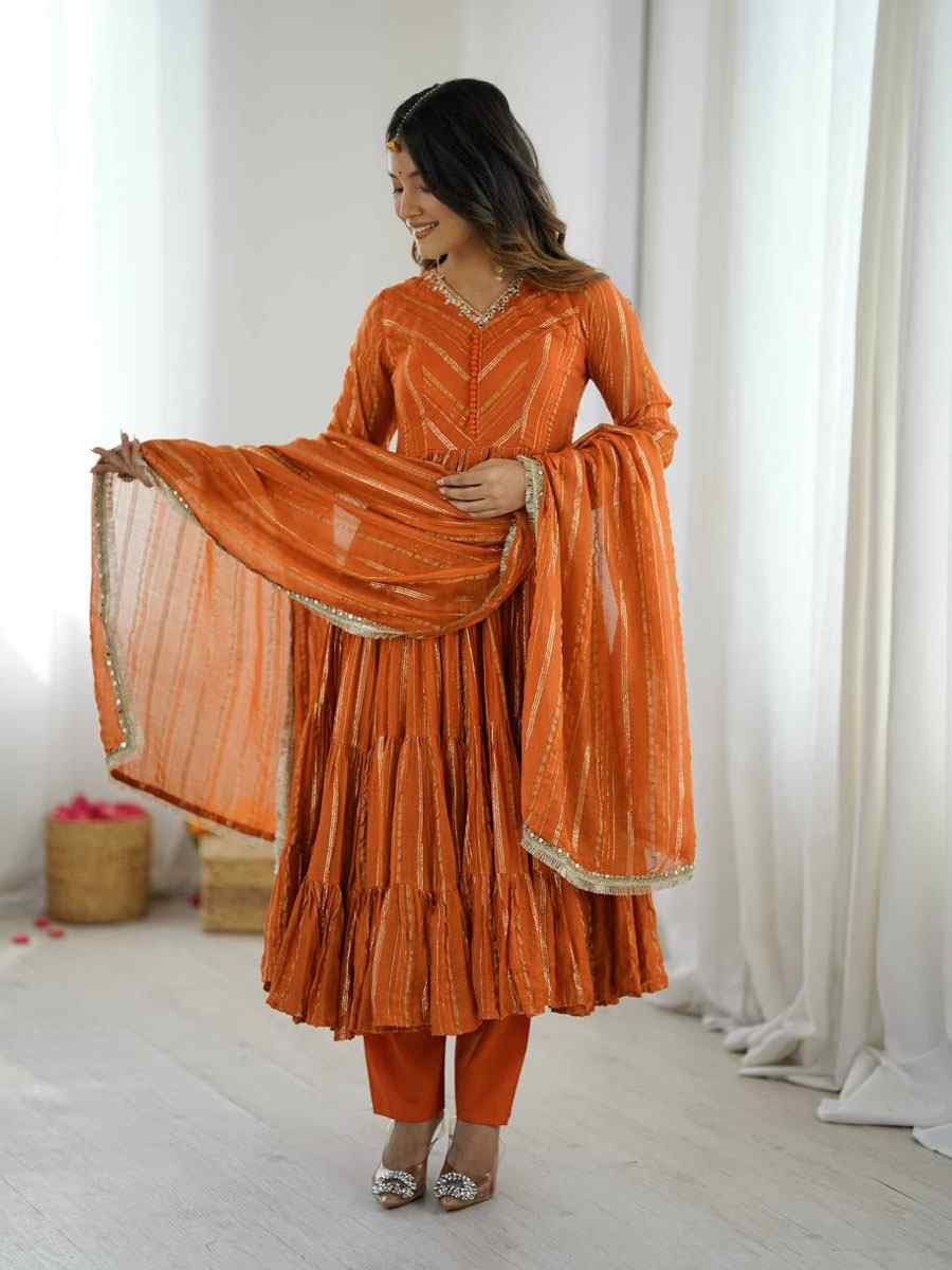 Orange Mal Chanderi Embroidery Party Wedding Festival Casual Ready Pant Anarkali Salwar Kameez