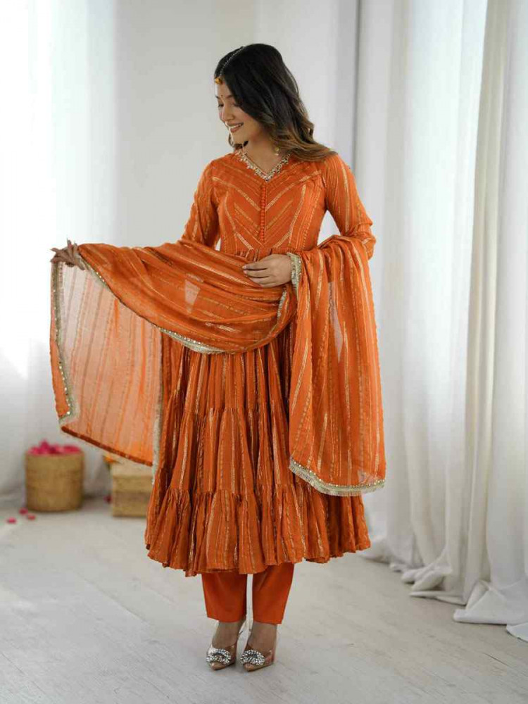 Image of Orange Mal Chanderi Embroidery Party Wedding Festival Casual Ready Pant Anarkali Salwar Kameez