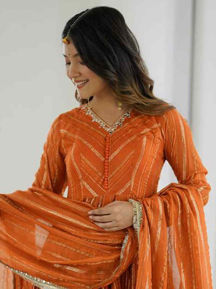 Orange Mal Chanderi Embroidery Party Wedding Festival Casual Ready Pant Anarkali Salwar Kameez