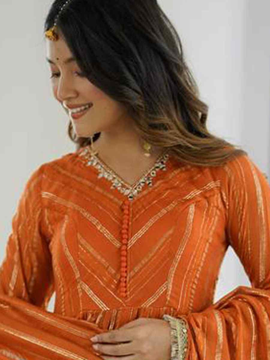 Orange Mal Chanderi Embroidery Party Wedding Festival Casual Ready Pant Anarkali Salwar Kameez