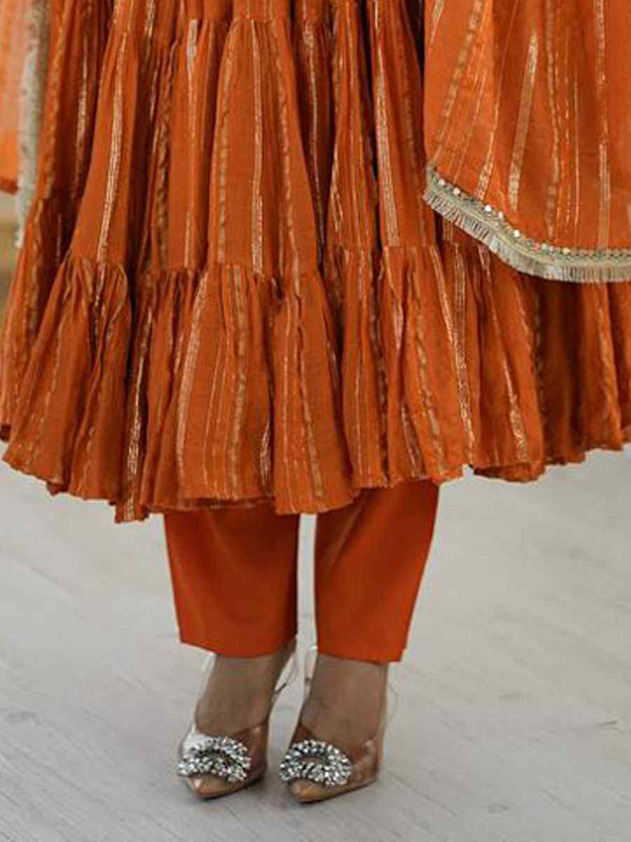 Orange Mal Chanderi Embroidery Party Wedding Festival Casual Ready Pant Anarkali Salwar Kameez