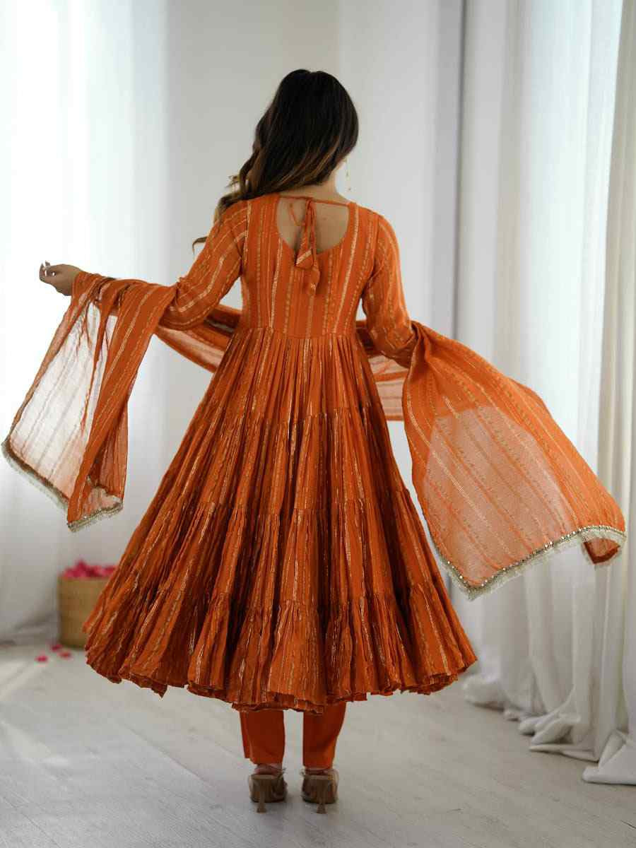 Orange Mal Chanderi Embroidery Party Wedding Festival Casual Ready Pant Anarkali Salwar Kameez