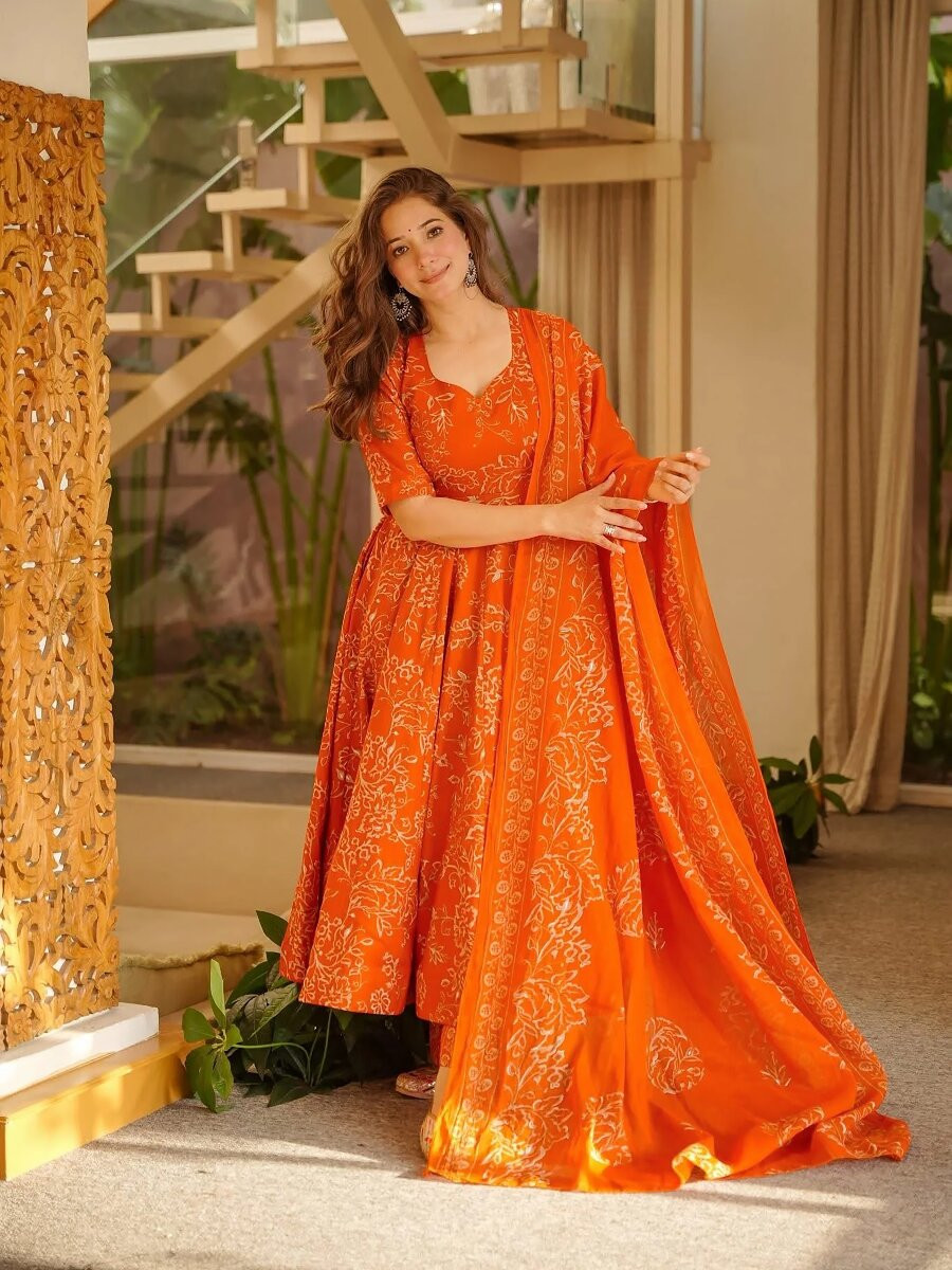 Orange Maslin Printed Wedding Party Festival Casual Ready Anarkali Palazzo Pant Salwar Kameez
