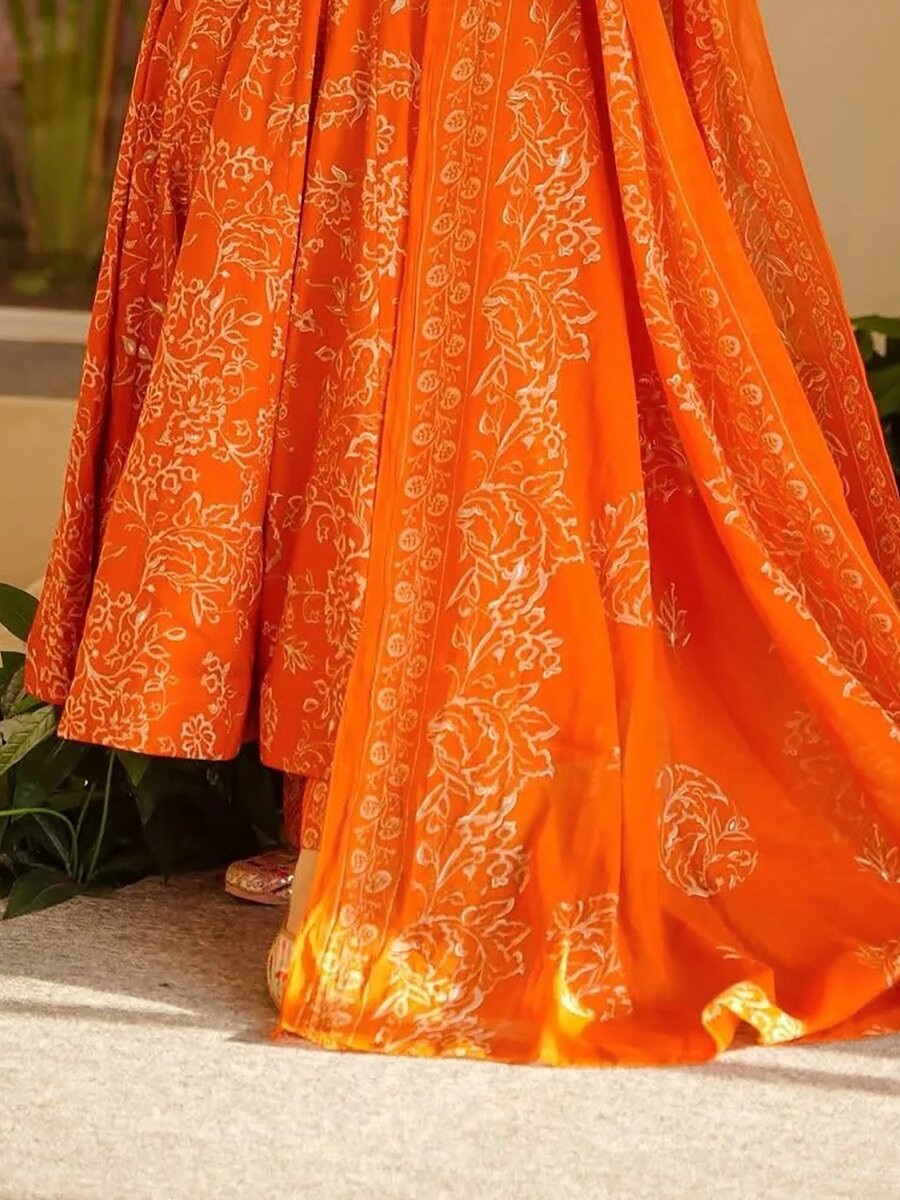 Orange Maslin Printed Wedding Party Festival Casual Ready Anarkali Palazzo Pant Salwar Kameez