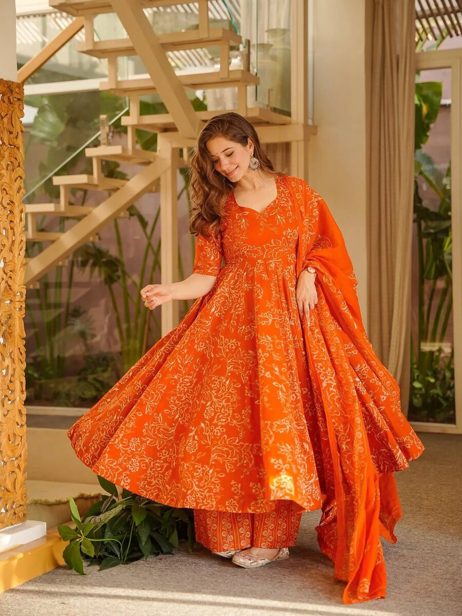 Orange Maslin Printed Wedding Party Festival Casual Ready Anarkali Palazzo Pant Salwar Kameez