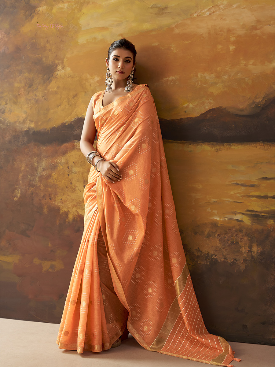 Orange Modal Cotton Zari Weaving Wedding Reception Party Festival Casual Heavy Border Sarees