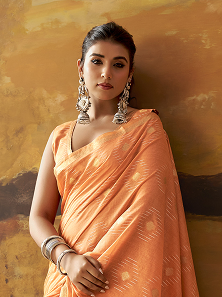 Orange Modal Cotton Zari Weaving Wedding Reception Party Festival Casual Heavy Border Sarees