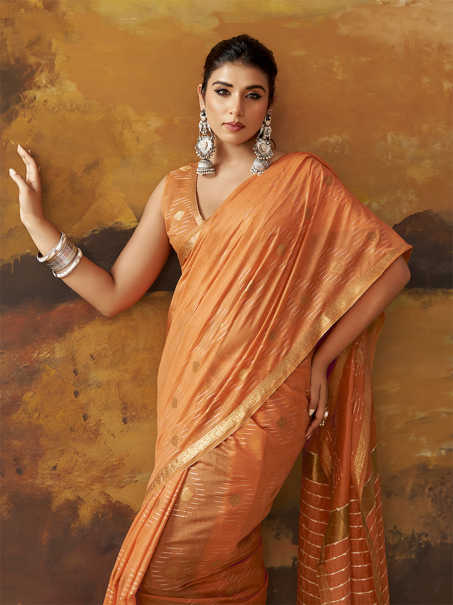 Orange Modal Cotton Zari Weaving Wedding Reception Party Festival Casual Heavy Border Sarees