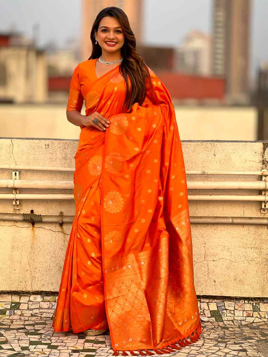 Orange Moonga Silk Handwoven Festival Wedding Heavy Border Saree