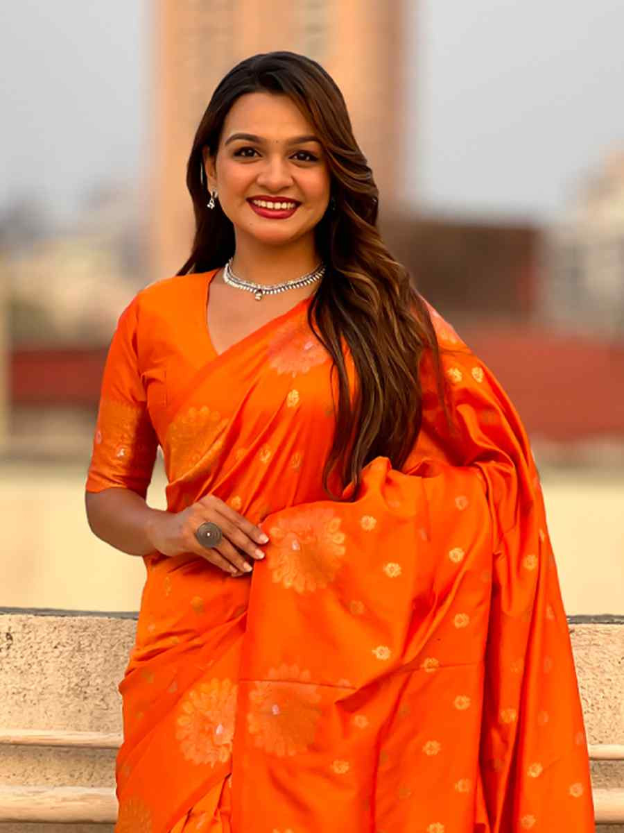 Orange Moonga Silk Handwoven Festival Wedding Heavy Border Saree