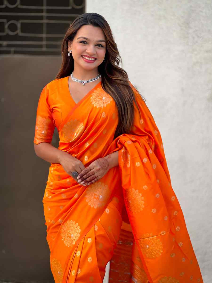Orange Moonga Silk Handwoven Festival Wedding Heavy Border Saree