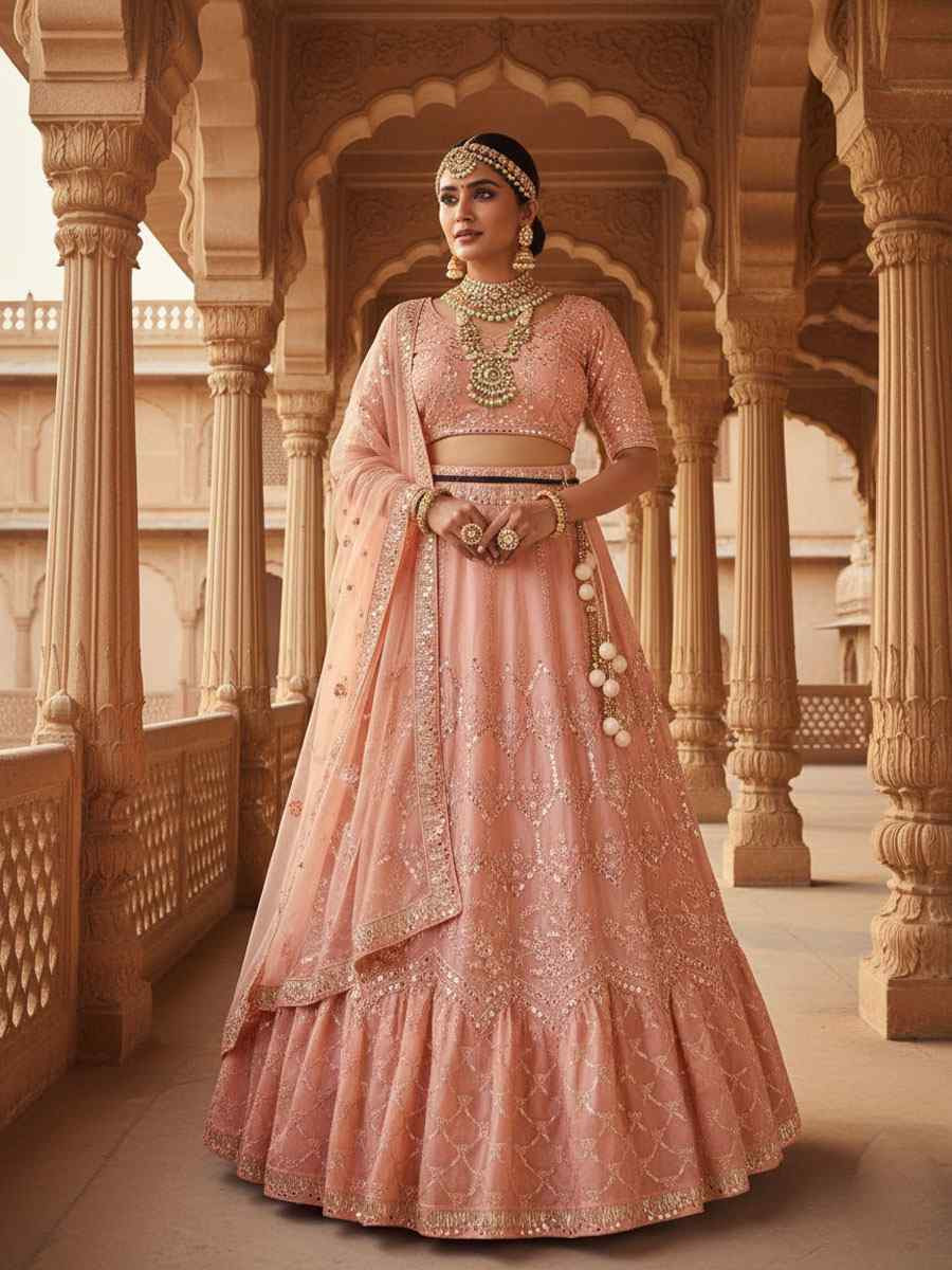 Orange Net Embroidered Bridal Wedding Reception Festival Heavy Border Lehenga Choli