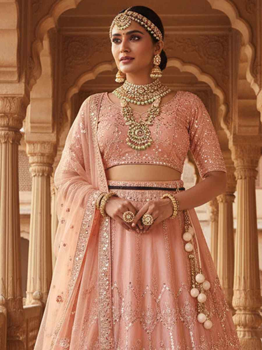Orange Net Embroidered Bridal Wedding Reception Festival Heavy Border Lehenga Choli