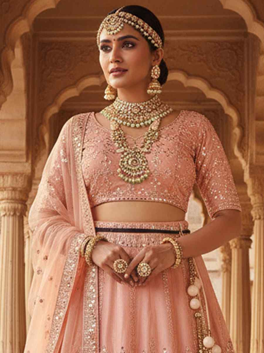 Orange Net Embroidered Bridal Wedding Reception Festival Heavy Border Lehenga Choli