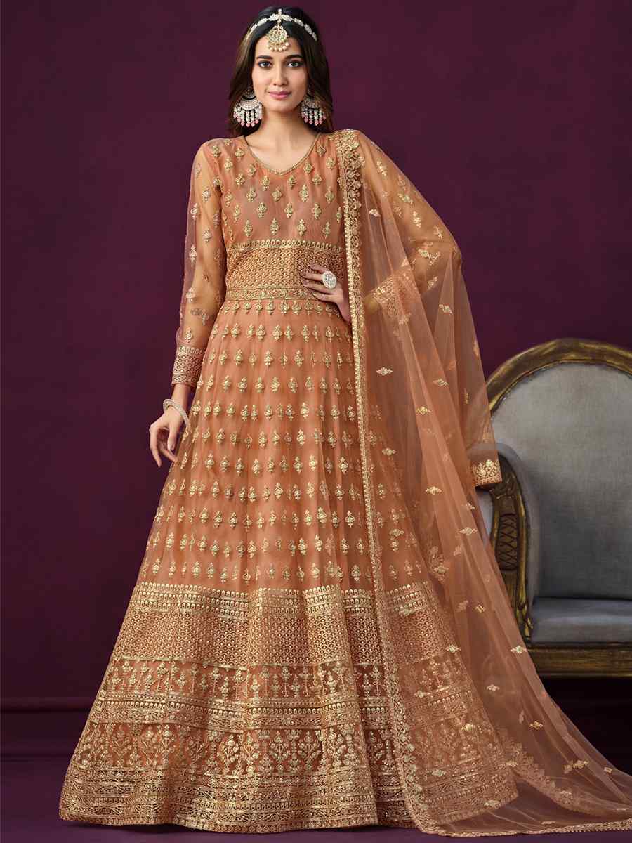 Orange Net Embroidered Festival Wedding Anarkali Salwar Kameez