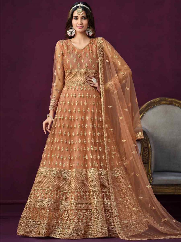 Orange Net Embroidered Festival Wedding Anarkali Salwar Kameez
