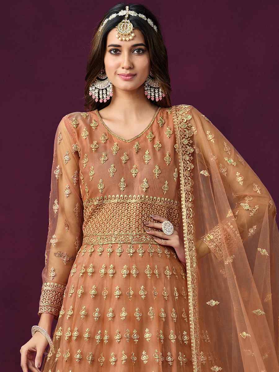 Orange Net Embroidered Festival Wedding Anarkali Salwar Kameez