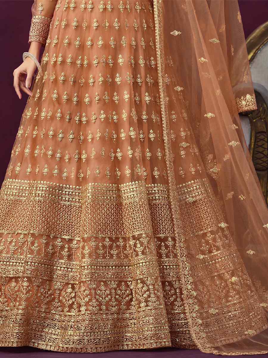Orange Net Embroidered Festival Wedding Anarkali Salwar Kameez