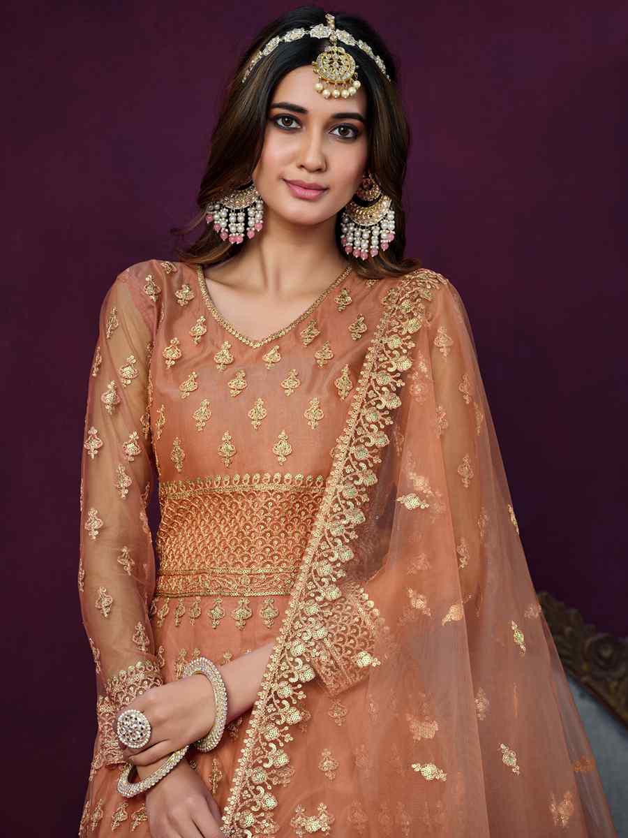 Orange Net Embroidered Festival Wedding Anarkali Salwar Kameez