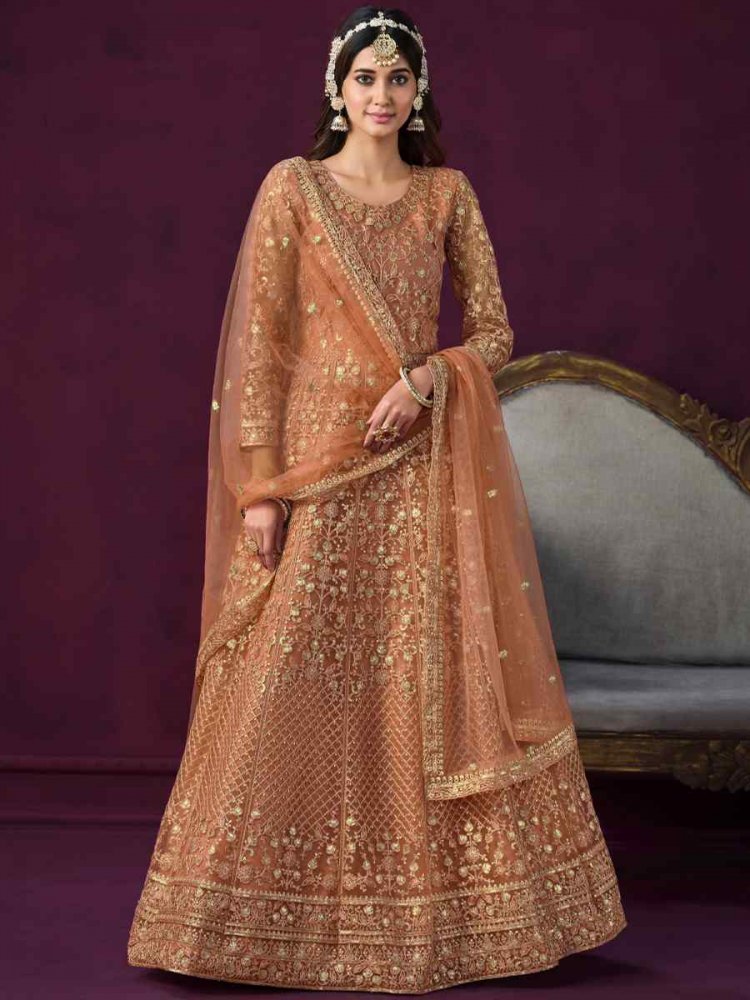 Orange Net Embroidered Festival Wedding Anarkali Salwar Kameez